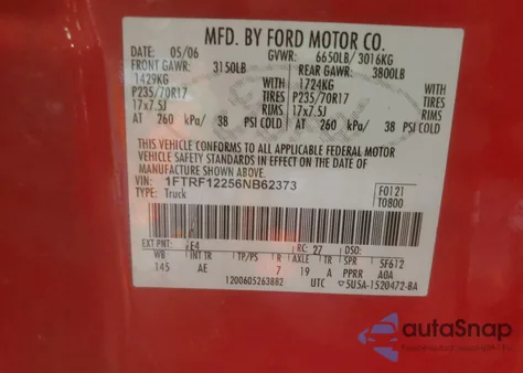 2006 Ford F150 z USA, uszkodzony, nr VIN 1FTRF12256NB62373